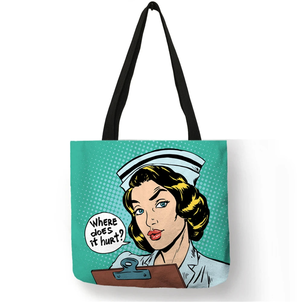 Unique Pattern Shoulder Bag Bolso Mujer Nurse Image Painting Eco Linen Practical Handbag for Daily Use Work Travel Ladies Girls