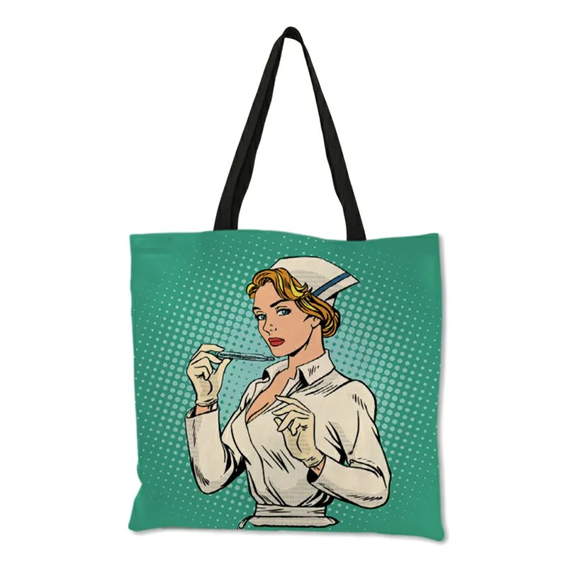 Unique Pattern Shoulder Bag Bolso Mujer Nurse Image Painting Eco Linen Practical Handbag for Daily Use Work Travel Ladies Girls