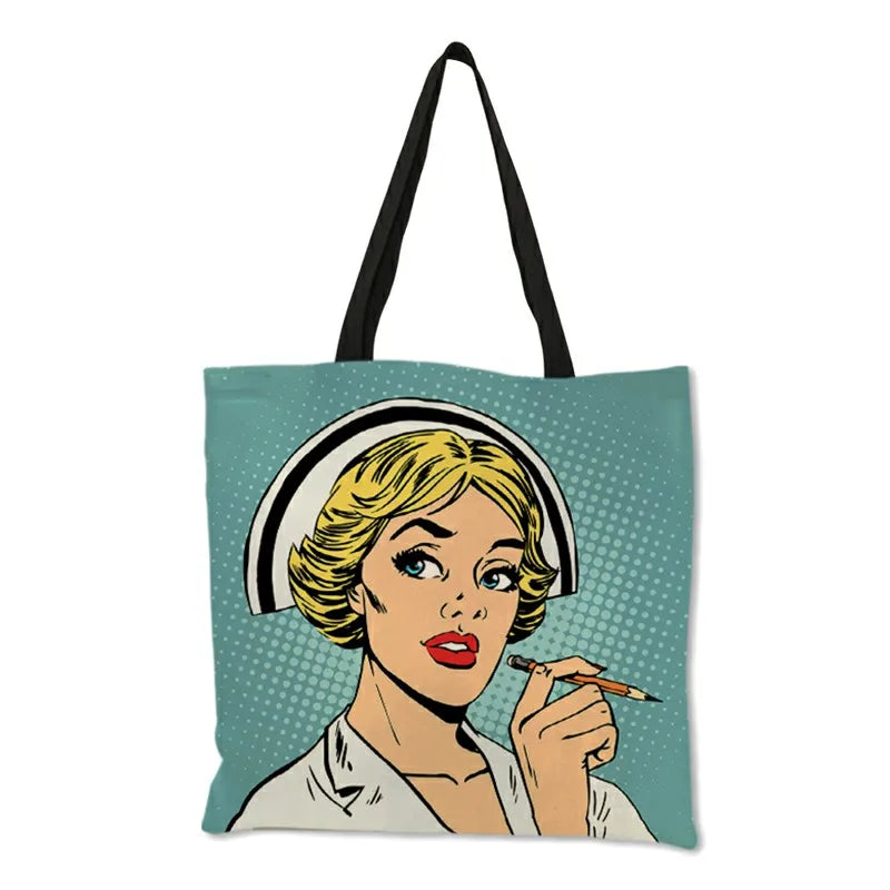 Unique Pattern Shoulder Bag Bolso Mujer Nurse Image Painting Eco Linen Practical Handbag for Daily Use Work Travel Ladies Girls