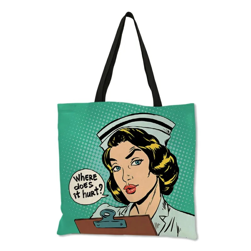 Unique Pattern Shoulder Bag Bolso Mujer Nurse Image Painting Eco Linen Practical Handbag for Daily Use Work Travel Ladies Girls