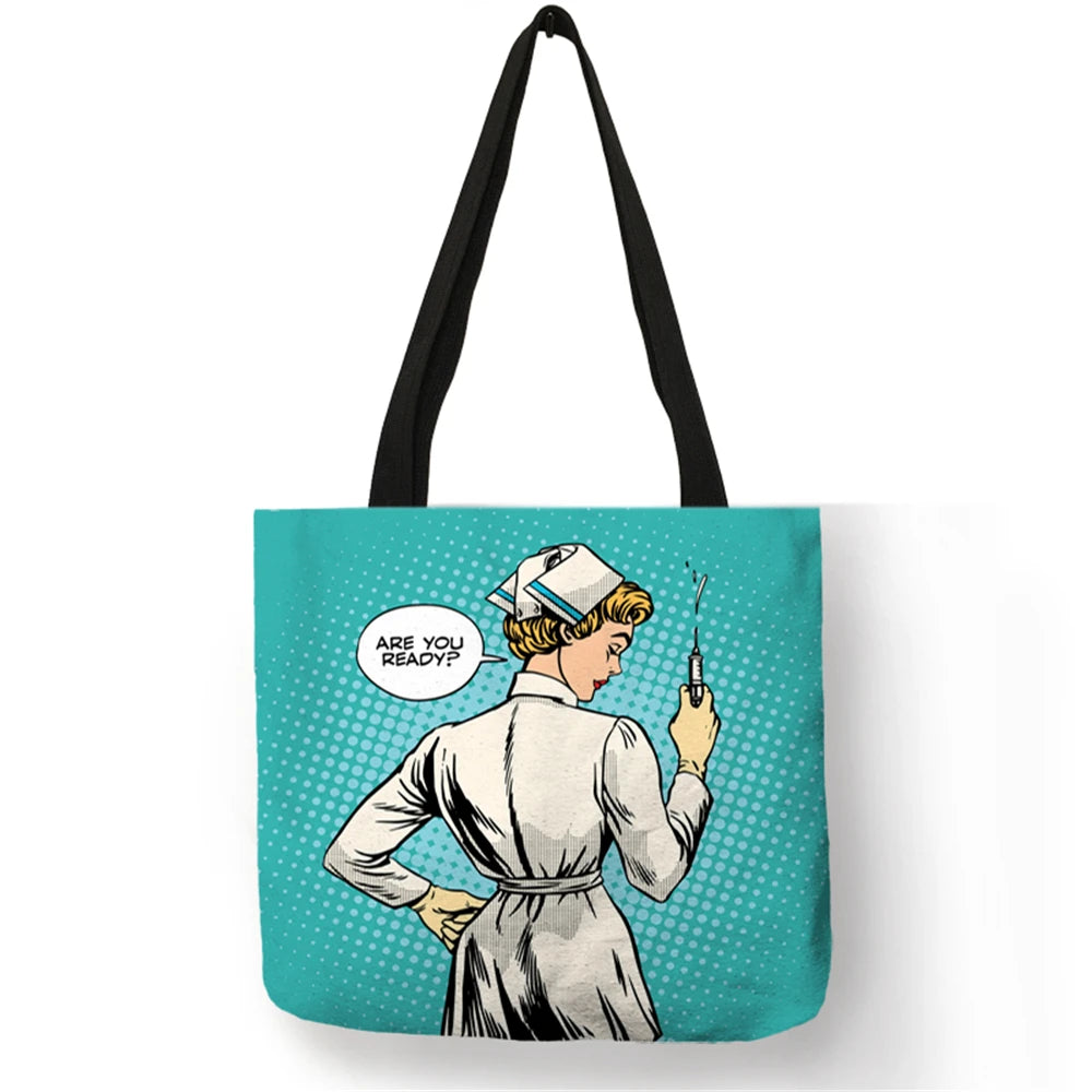 Unique Pattern Shoulder Bag Bolso Mujer Nurse Image Painting Eco Linen Practical Handbag for Daily Use Work Travel Ladies Girls
