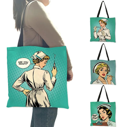 Unique Pattern Shoulder Bag Bolso Mujer Nurse Image Painting Eco Linen Practical Handbag for Daily Use Work Travel Ladies Girls