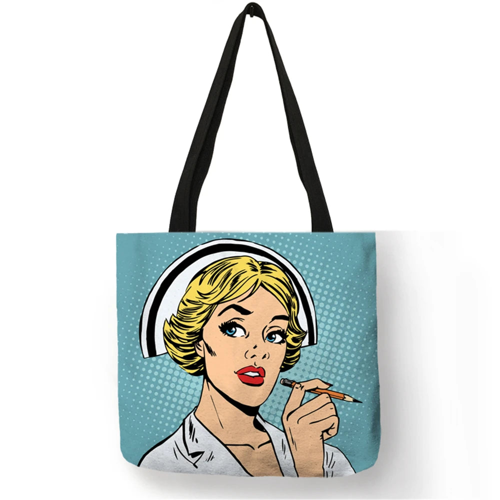 Unique Pattern Shoulder Bag Bolso Mujer Nurse Image Painting Eco Linen Practical Handbag for Daily Use Work Travel Ladies Girls