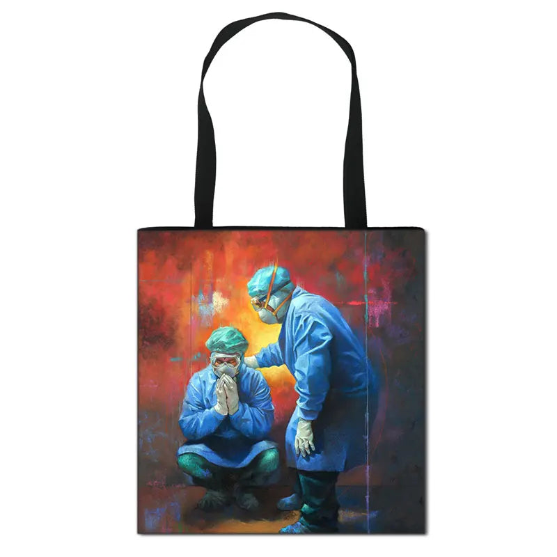 Thank You Doctor & Nurse Women Totes Nurse Angel with Wings Fashion Handbag Girls with Crown Canvas Shoulder Bag Shopping Bags