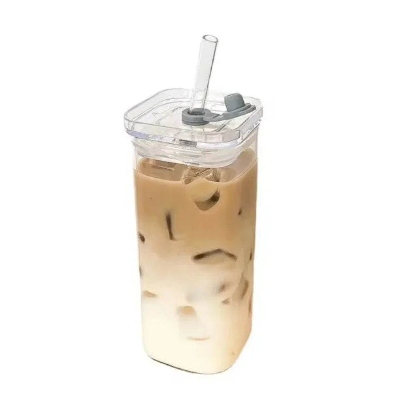 400ml Square Heat Resistant Coffee Glass Cup With Lid And Straw Transparent Milk Tea