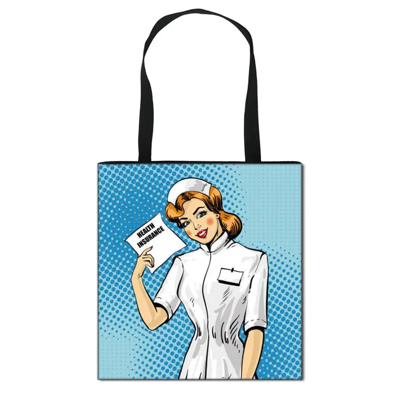 Thank You Doctor & Nurse Women Totes Nurse Angel with Wings Fashion Handbag Girls with Crown Canvas Shoulder Bag Shopping Bags