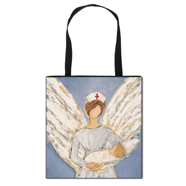 Thank You Doctor & Nurse Women Totes Nurse Angel with Wings Fashion Handbag Girls with Crown Canvas Shoulder Bag Shopping Bags
