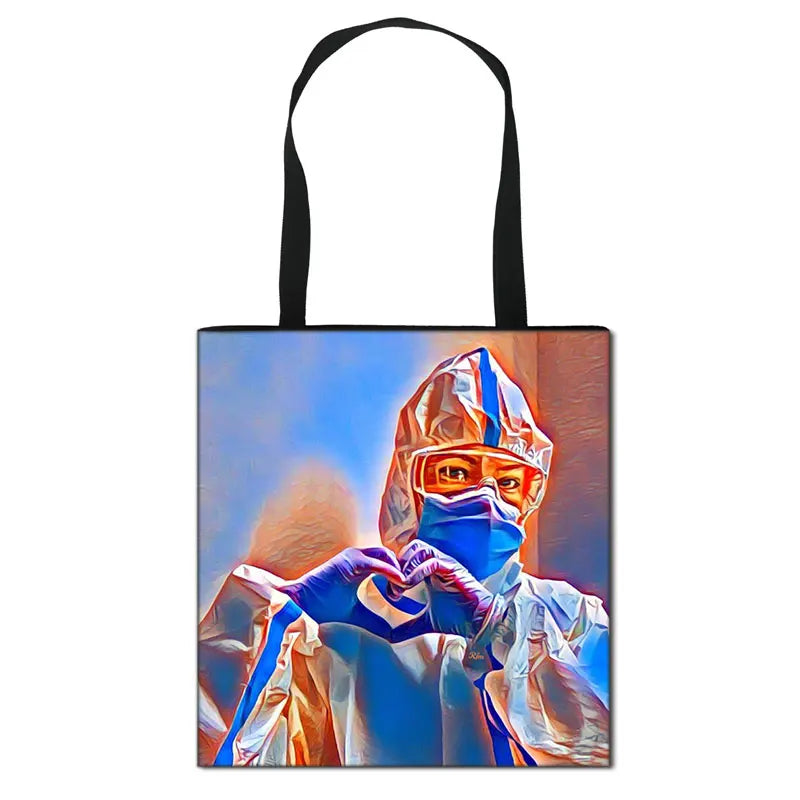 Thank You Doctor & Nurse Women Totes Nurse Angel with Wings Fashion Handbag Girls with Crown Canvas Shoulder Bag Shopping Bags