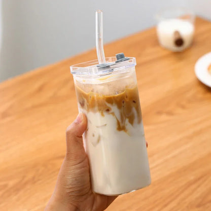 400ml Square Heat Resistant Coffee Glass Cup With Lid And Straw Transparent Milk Tea