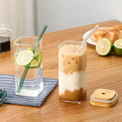 400ml Square Heat Resistant Coffee Glass Cup With Lid And Straw Transparent Milk Tea