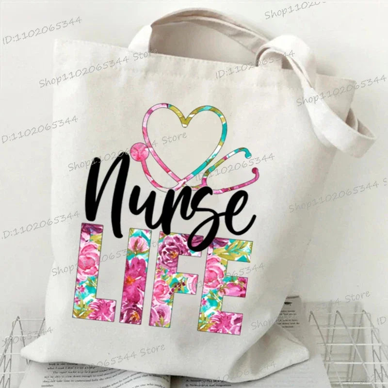 Nurse Life Women's Handbags Leopard Print Stethoscope Letters Canvas Tote Bags Fashion Shopping Bag Medicine Nurse Shoulder Bags