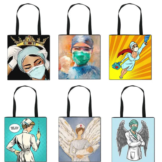 Thank You Doctor & Nurse Women Totes Nurse Angel with Wings Fashion Handbag Girls with Crown Canvas Shoulder Bag Shopping Bags