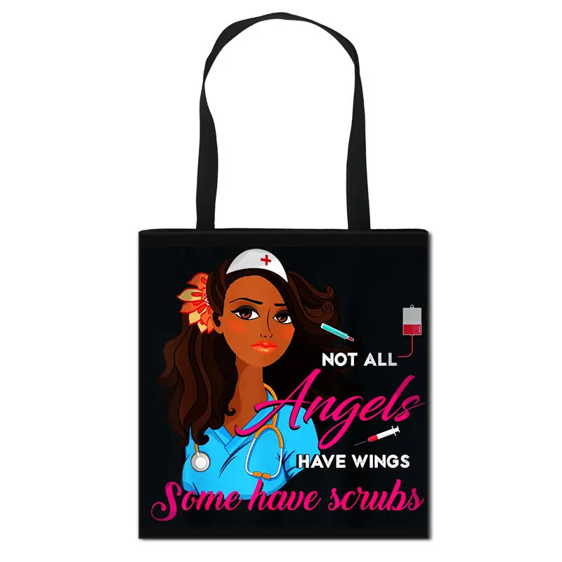 Thank You Doctor & Nurse Women Totes Nurse Angel with Wings Fashion Handbag Girls with Crown Canvas Shoulder Bag Shopping Bags