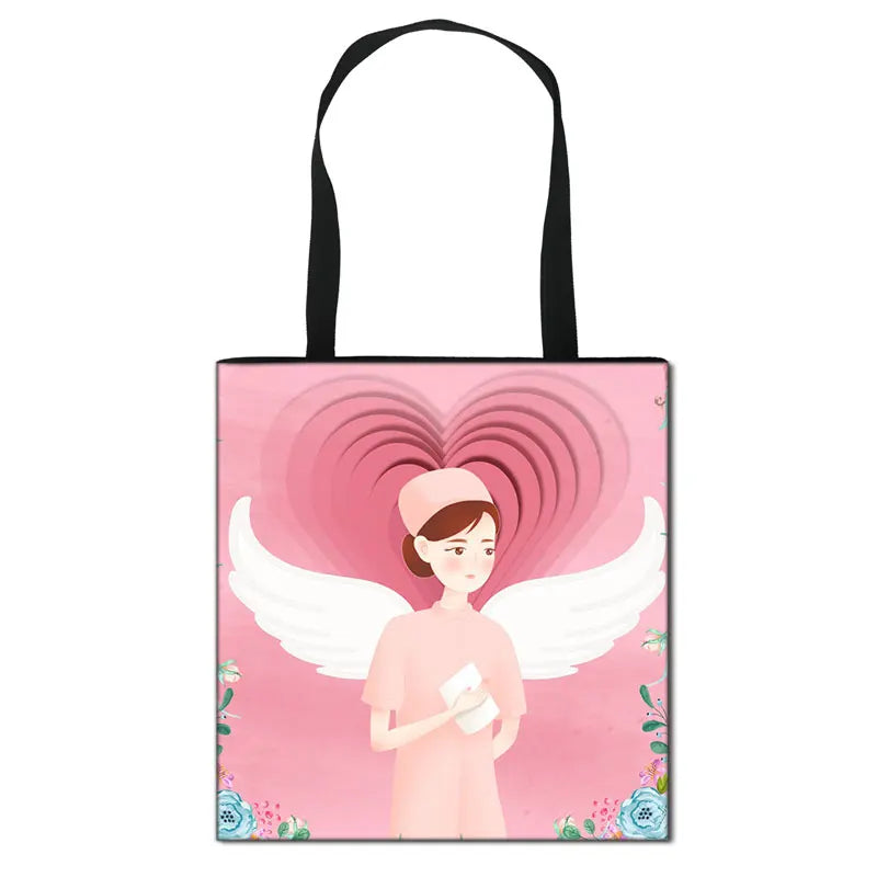 Thank You Doctor & Nurse Women Totes Nurse Angel with Wings Fashion Handbag Girls with Crown Canvas Shoulder Bag Shopping Bags