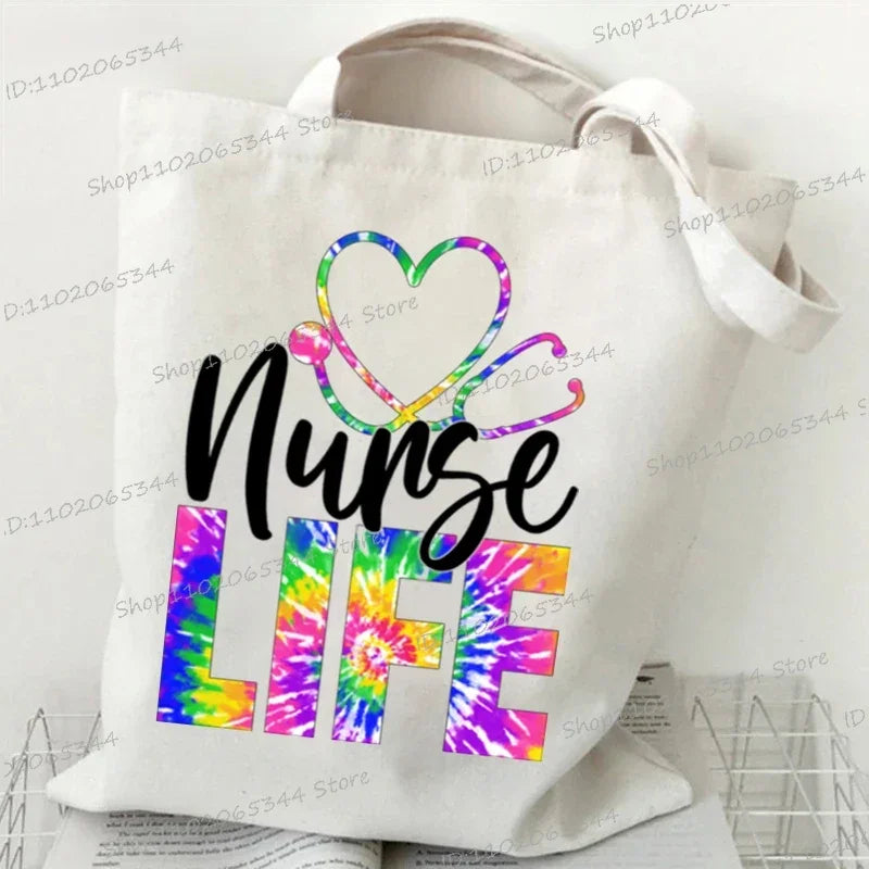 Nurse Life Women's Handbags Leopard Print Stethoscope Letters Canvas Tote Bags Fashion Shopping Bag Medicine Nurse Shoulder Bags