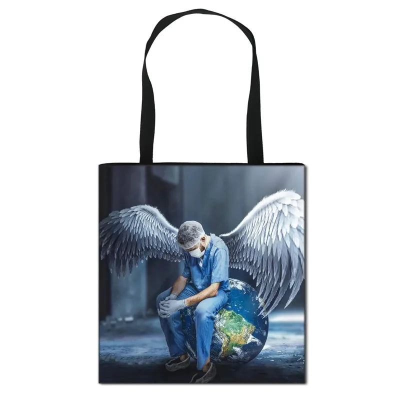 Thank You Doctor & Nurse Women Totes Nurse Angel with Wings Fashion Handbag Girls with Crown Canvas Shoulder Bag Shopping Bags