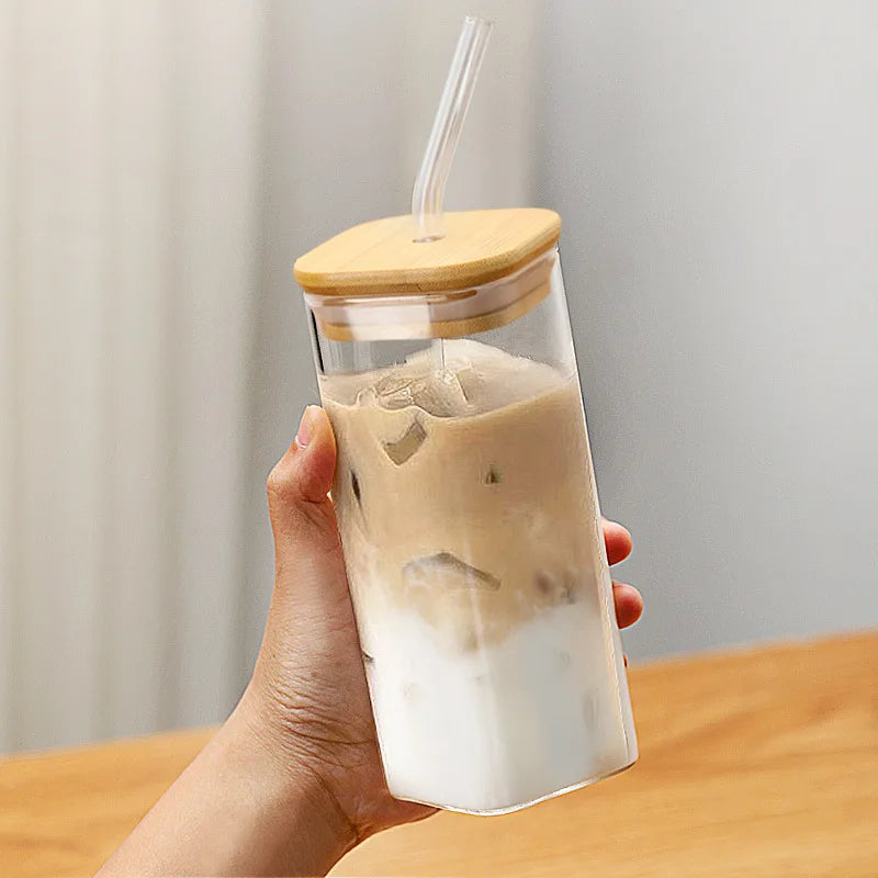 400ml Square Heat Resistant Coffee Glass Cup With Lid And Straw Transparent Milk Tea