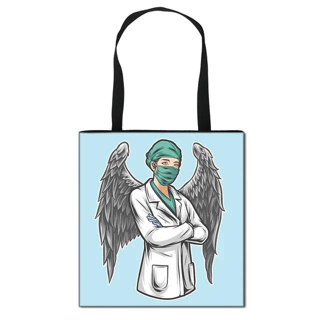 Thank You Doctor & Nurse Women Totes Nurse Angel with Wings Fashion Handbag Girls with Crown Canvas Shoulder Bag Shopping Bags