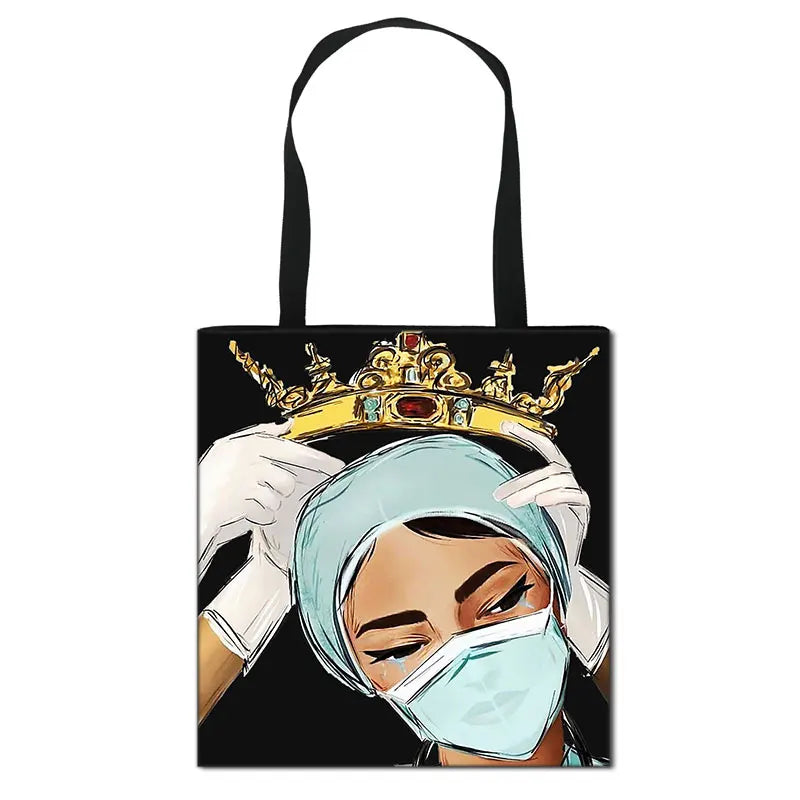 Thank You Doctor & Nurse Women Totes Nurse Angel with Wings Fashion Handbag Girls with Crown Canvas Shoulder Bag Shopping Bags