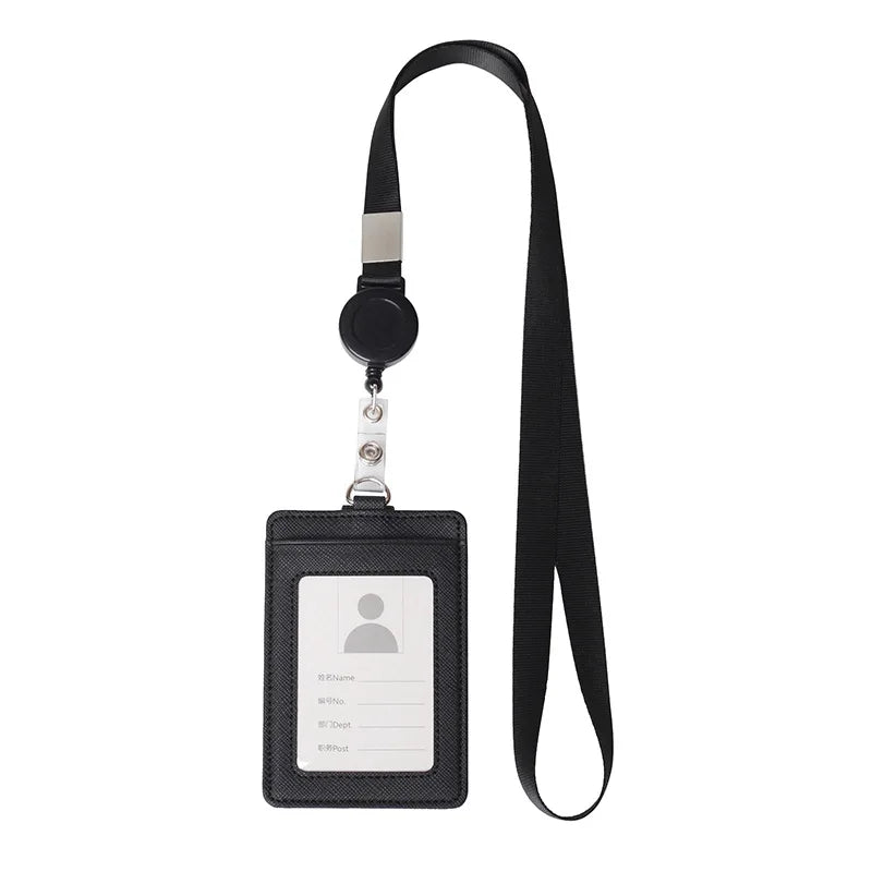 PU Leather Badge Holder with Retractable Lanyard ID Card Holder