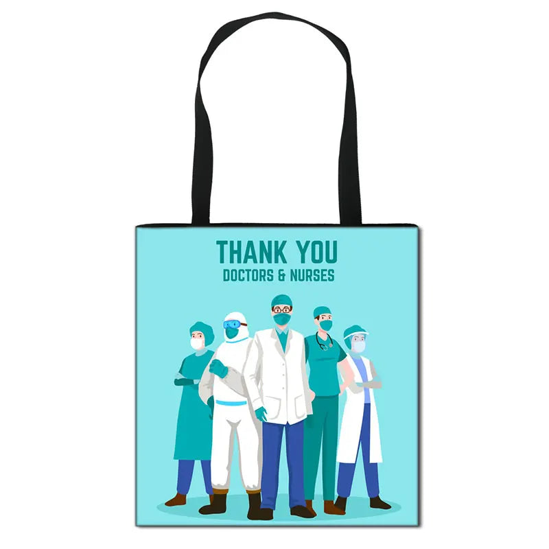 Thank You Doctor & Nurse Women Totes Nurse Angel with Wings Fashion Handbag Girls with Crown Canvas Shoulder Bag Shopping Bags