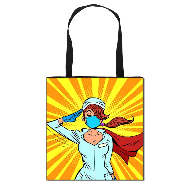 Thank You Doctor & Nurse Women Totes Nurse Angel with Wings Fashion Handbag Girls with Crown Canvas Shoulder Bag Shopping Bags