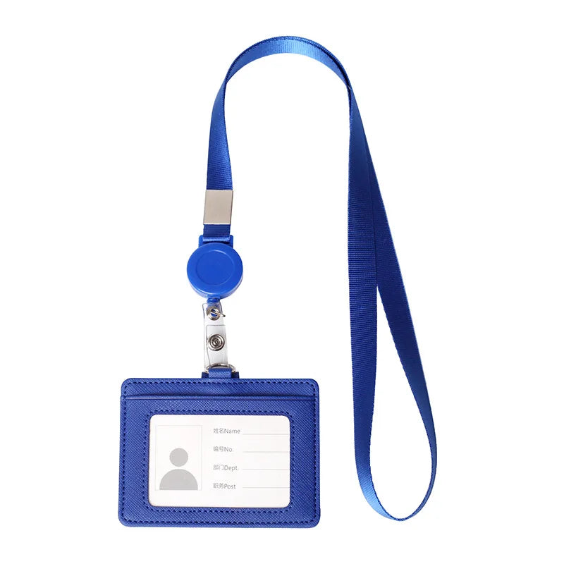 PU Leather Badge Holder with Retractable Lanyard ID Card Holder