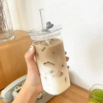 400ml Square Heat Resistant Coffee Glass Cup With Lid And Straw Transparent Milk Tea