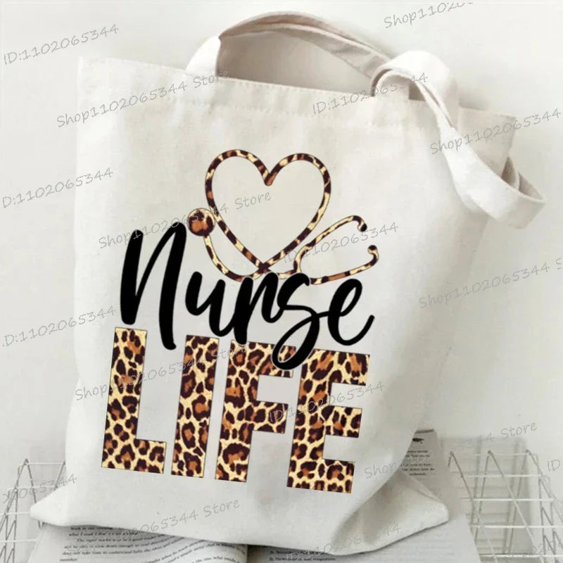 Nurse Life Women's Handbags Leopard Print Stethoscope Letters Canvas Tote Bags Fashion Shopping Bag Medicine Nurse Shoulder Bags