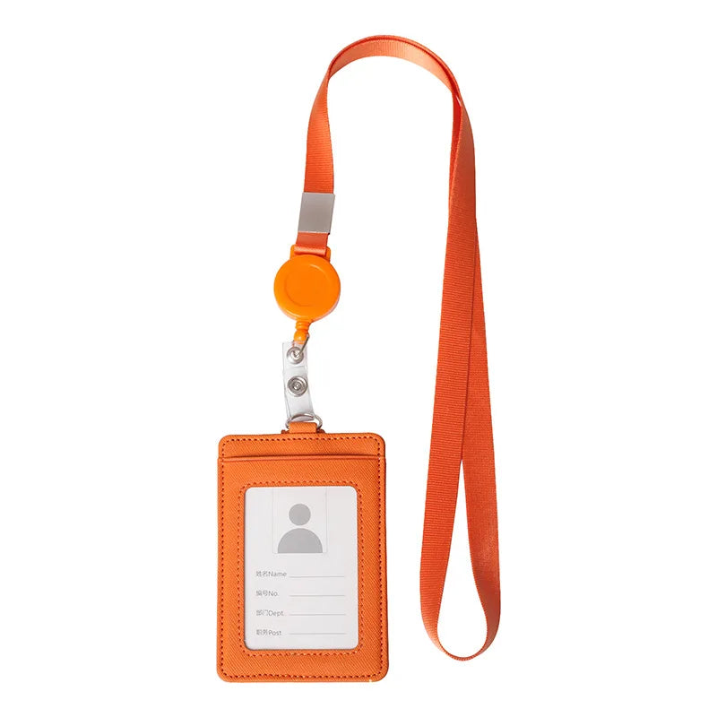 PU Leather Badge Holder with Retractable Lanyard ID Card Holder