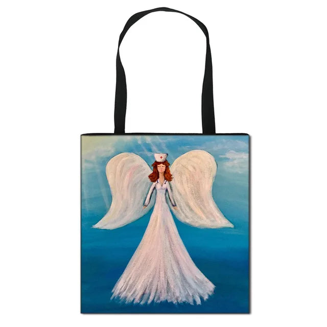 Thank You Doctor & Nurse Women Totes Nurse Angel with Wings Fashion Handbag Girls with Crown Canvas Shoulder Bag Shopping Bags