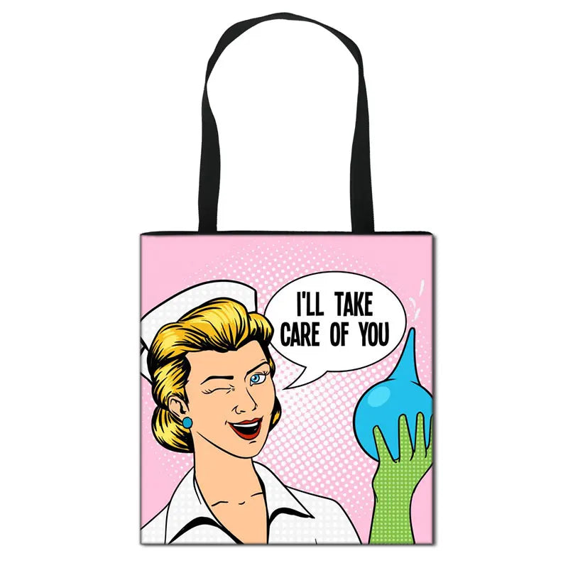 Thank You Doctor & Nurse Women Totes Nurse Angel with Wings Fashion Handbag Girls with Crown Canvas Shoulder Bag Shopping Bags