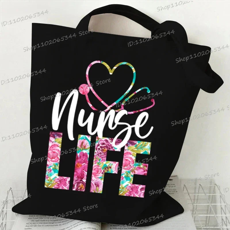 Nurse Life Women's Handbags Leopard Print Stethoscope Letters Canvas Tote Bags Fashion Shopping Bag Medicine Nurse Shoulder Bags