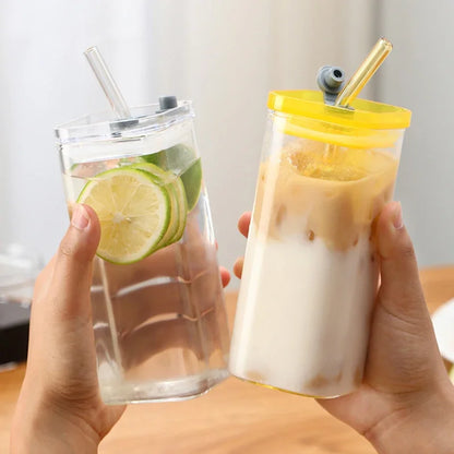 400ml Square Heat Resistant Coffee Glass Cup With Lid And Straw Transparent Milk Tea