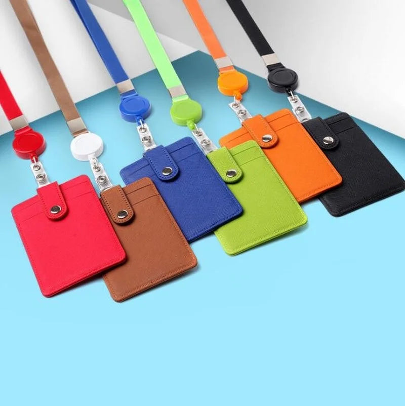 PU Leather Badge Holder with Retractable Lanyard ID Card Holder