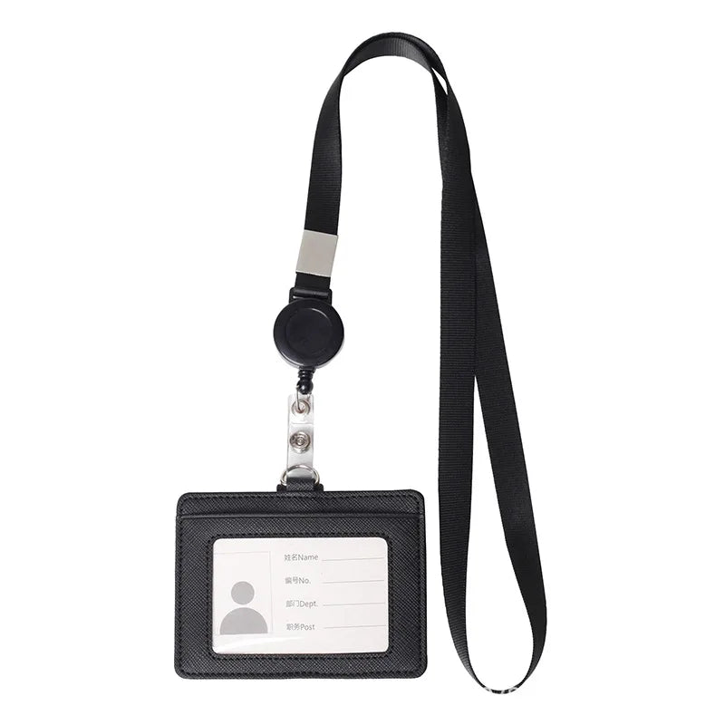 PU Leather Badge Holder with Retractable Lanyard ID Card Holder