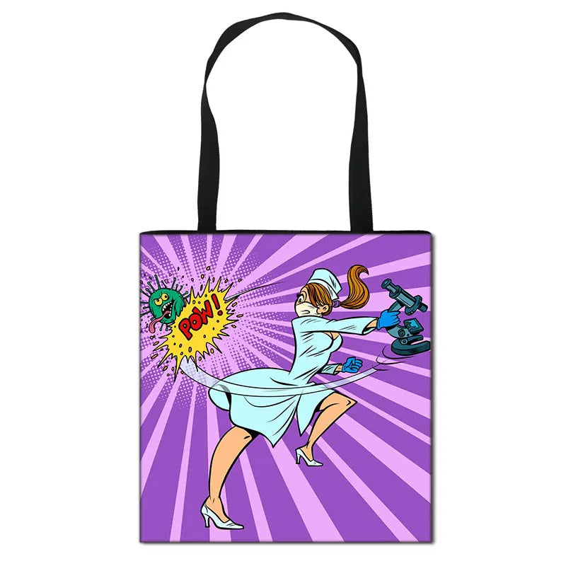 Thank You Doctor & Nurse Women Totes Nurse Angel with Wings Fashion Handbag Girls with Crown Canvas Shoulder Bag Shopping Bags
