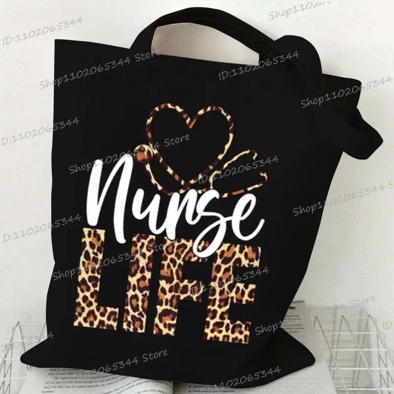Nurse Life Women's Handbags Leopard Print Stethoscope Letters Canvas Tote Bags Fashion Shopping Bag Medicine Nurse Shoulder Bags