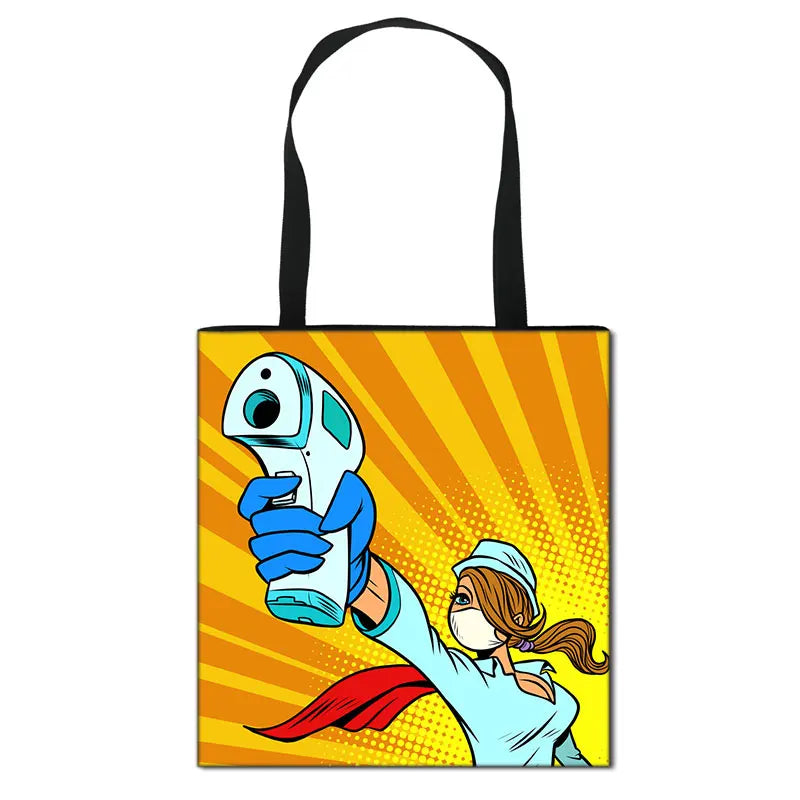 Thank You Doctor & Nurse Women Totes Nurse Angel with Wings Fashion Handbag Girls with Crown Canvas Shoulder Bag Shopping Bags