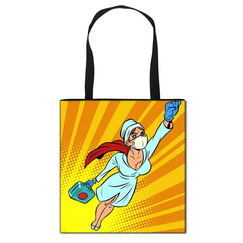 Thank You Doctor & Nurse Women Totes Nurse Angel with Wings Fashion Handbag Girls with Crown Canvas Shoulder Bag Shopping Bags